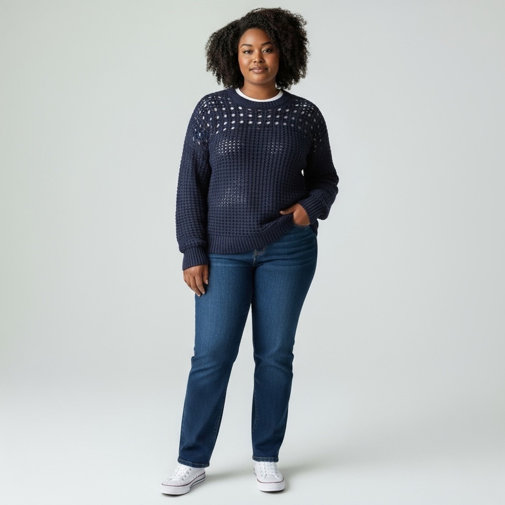 Gap Crochet Navy Blue Long Sleeve Crew Neck Loose Knit Sweater Size XL 16/18 - Picture 3 of 8
